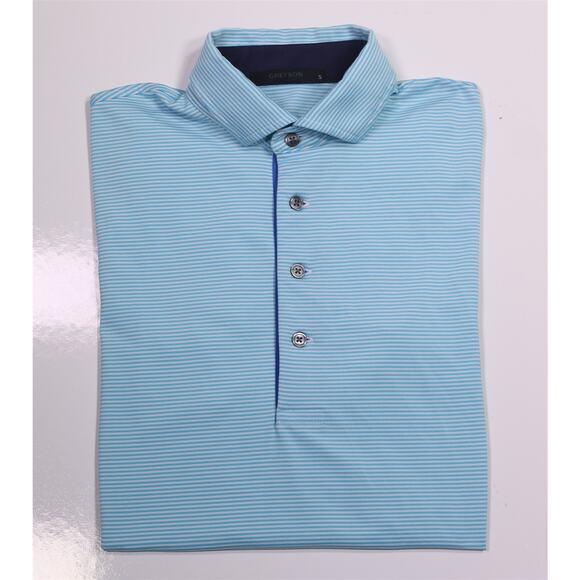 Greyson Men's Aqua Blue Striped Performance Golf Polo Shirt Small - Picture 1 of 8